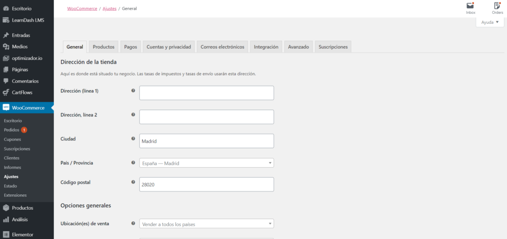 Configurar dirección de la tienda woocommerce
