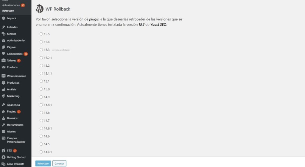 Volver a la versión anterior de un plugin WordPress