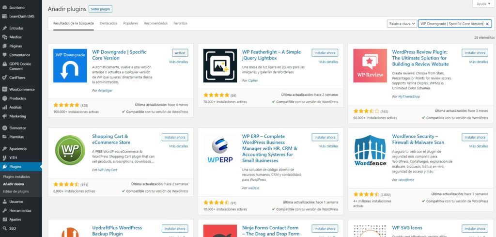 Plugin para volver a una versión anterior de WordPress