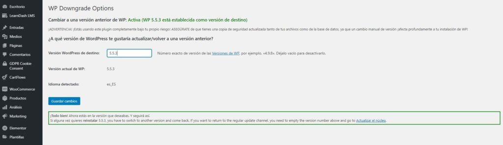 Finalizar proceso downgrade WordPress