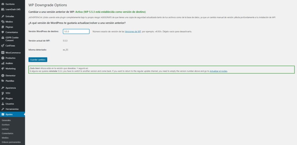 Volver a la versión anterior de WordPress